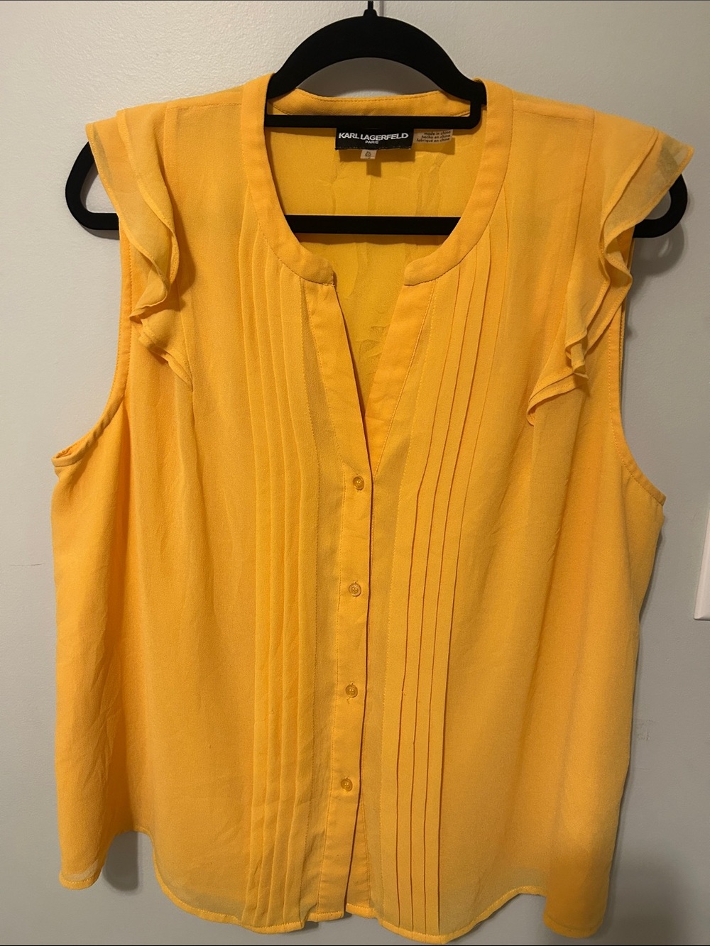 Karl Lagerfeld Bright Yellow Pintucked Sleeveless Blouse